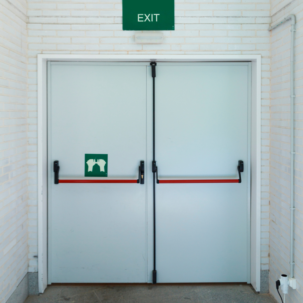 Fire-rated door installed in a commercial building, providing enhanced safety and compliance with fire safety regulations.