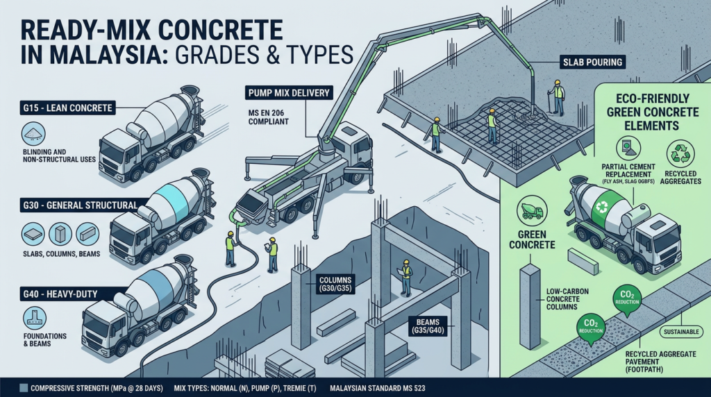 Ready-mix concrete grades and types in Malaysia infographic。