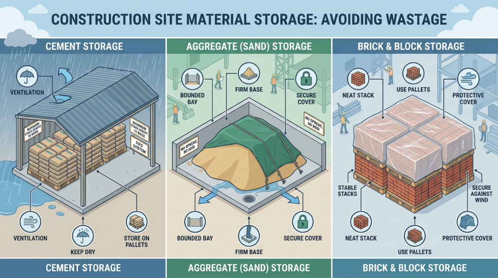 How to Store Cement, Sand, and Bricks Safely at Site to Avoid Wastage