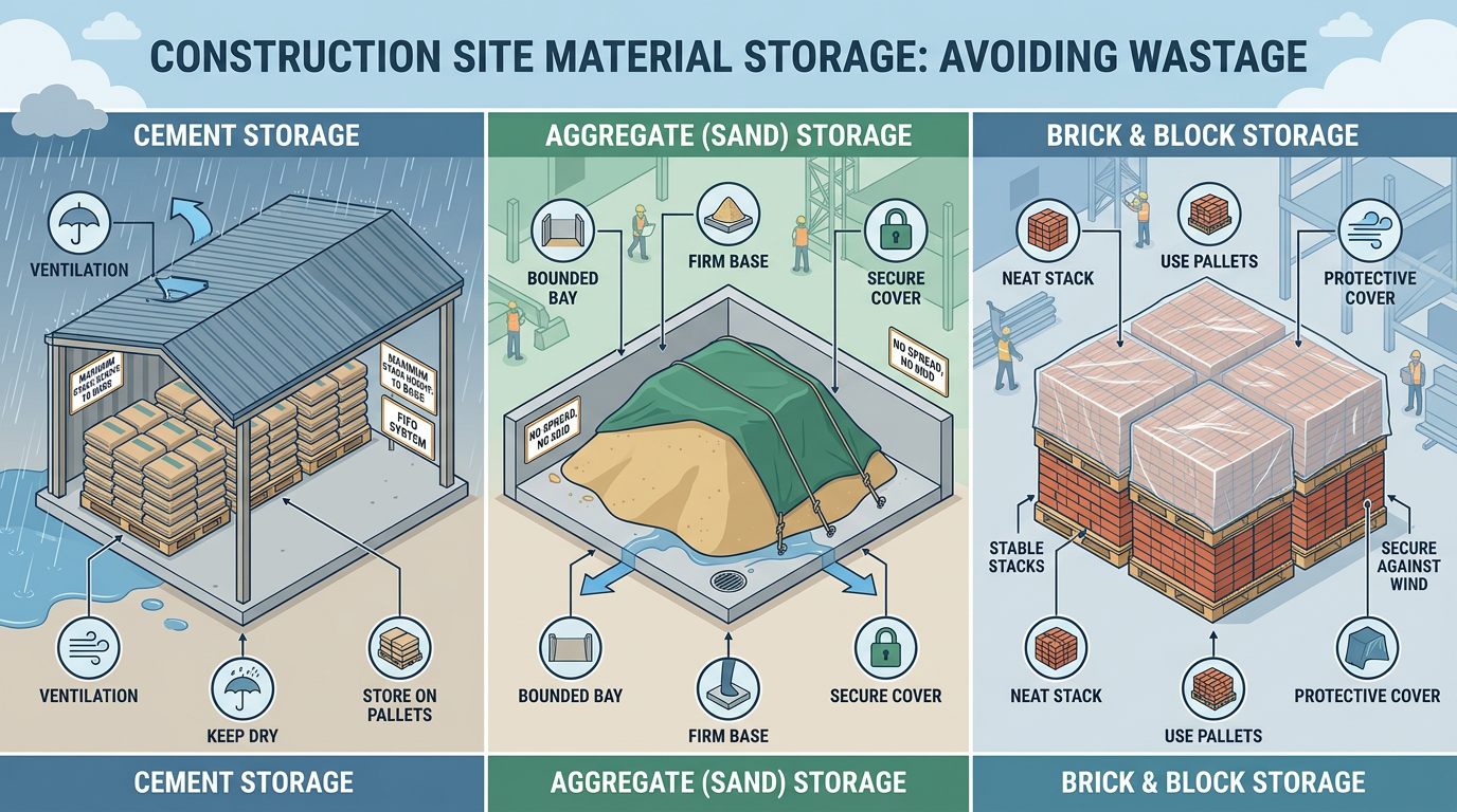 How to Store Cement, Sand, and Bricks Safely at Site to Avoid Wastage